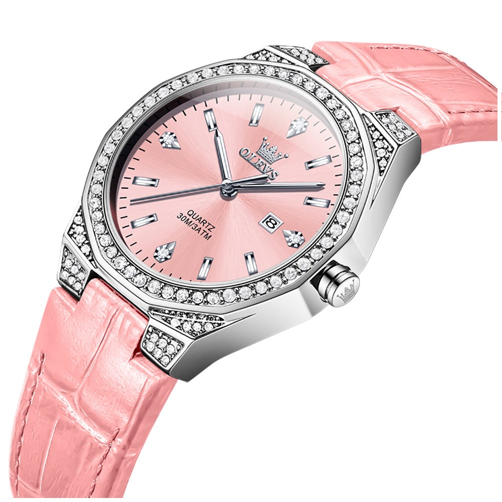 Reloj de Cuarzo para Mujer Correa de Cuero Rosa, Esfera de Cristales