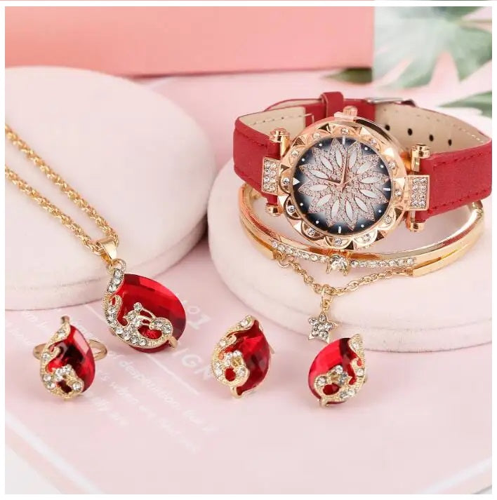 Set de lujo para Mujeres con Reloj Colgante Aros Anillo y Pulsera
