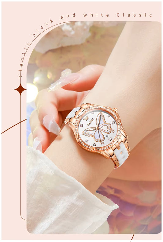 Reloj de Pulsera Elegante Mujer Esfera Mariposa y Detalles de Zirconia