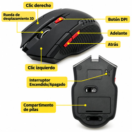 Mouse Gamer Inalámbrico 2.4 GHz 1600 DPI – Negro · información en castellano