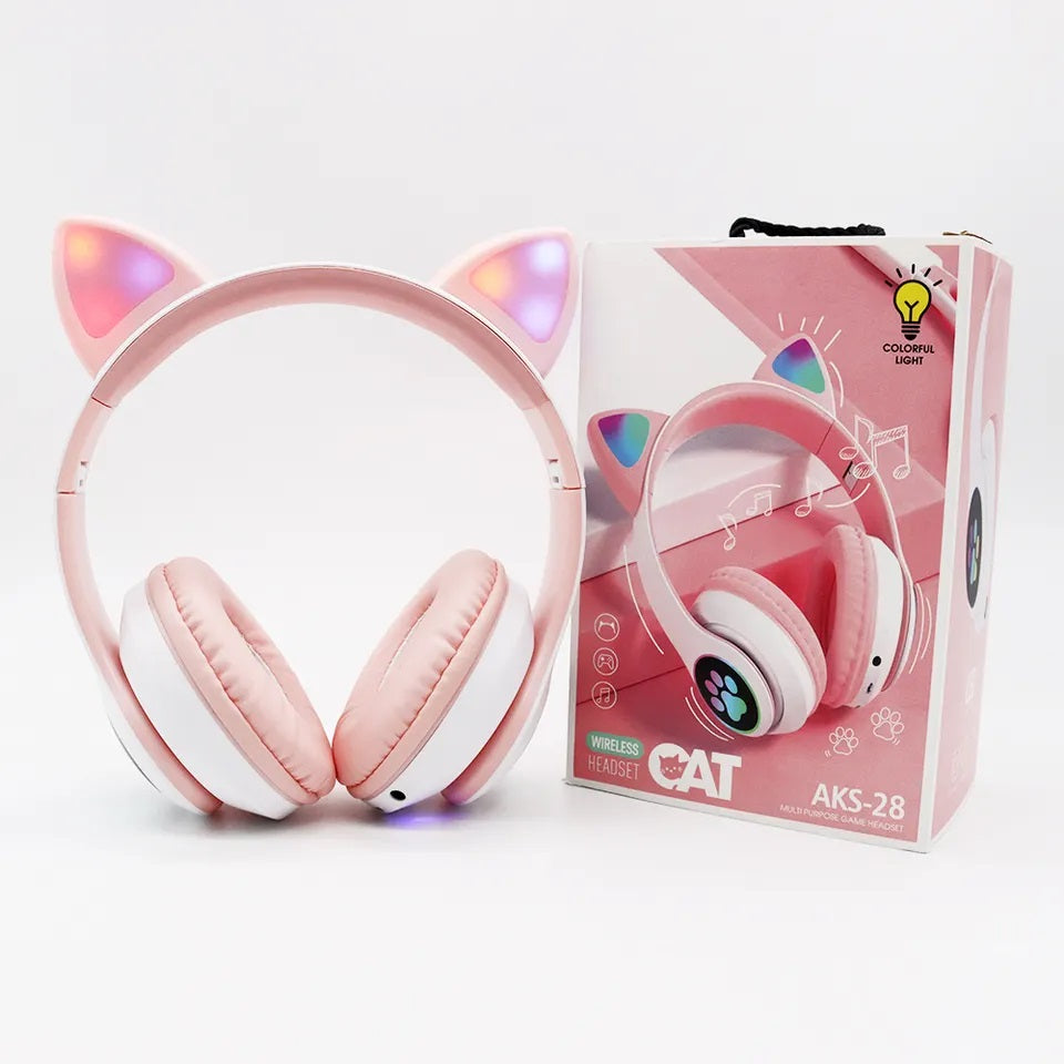 Audífonos inalámbricos Bluetooth RGB Orejas gato BT 5.0 Rosado