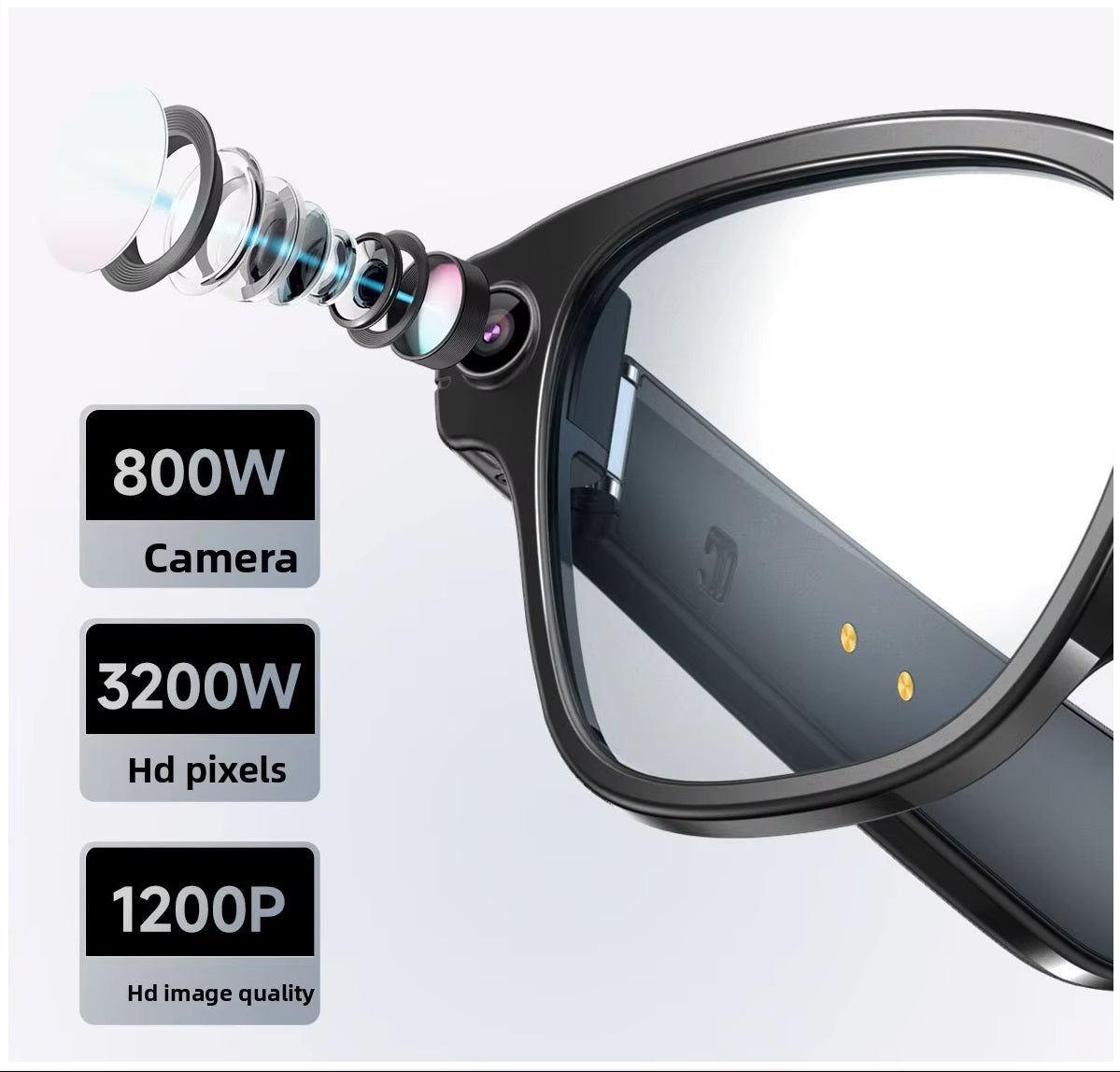 Gafas Inteligentes L802 con Cámara 8MP, Grabación 1200P, Traducción Multilingüe, Conexión WiFi y Bluetooth, Lentes Polarizados IPX5