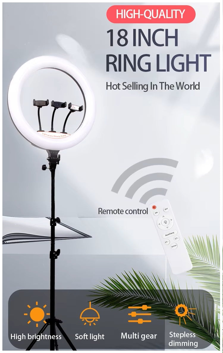 Aro LED de 18 Pulgadas y 45cm 3 soportes control remoto y atril de 2.10 mts