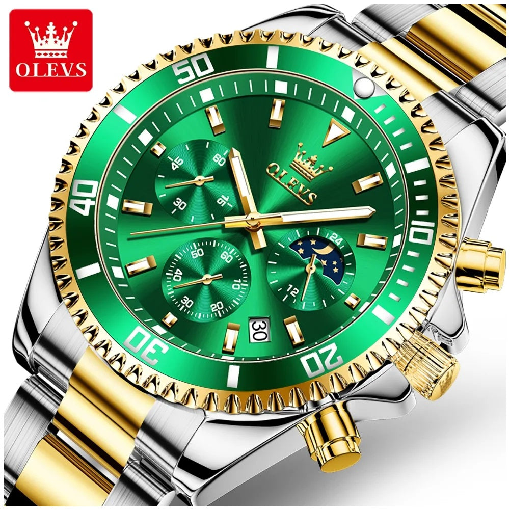 Reloj Cronógrafo Deportivo Hombre Acero Inoxidable Verde Dorado 42.5mm - Multifunción, Calendario, Resistente al Agua