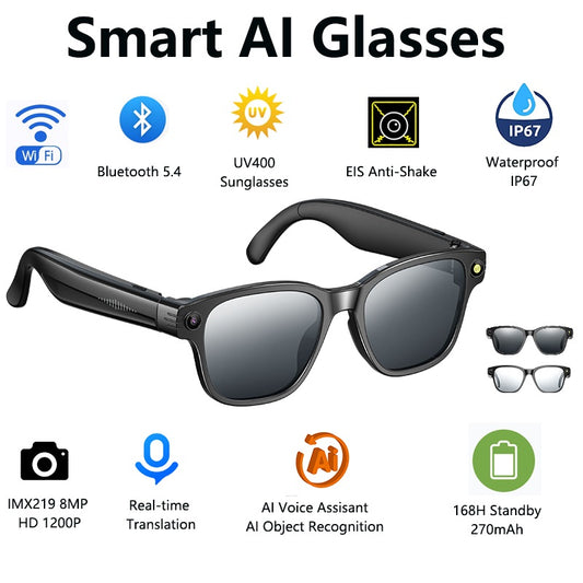 Gafas Inteligentes L802 con Cámara 8MP, Grabación 1200P, Traducción Multilingüe, Conexión WiFi y Bluetooth, Lentes Polarizados IPX5
