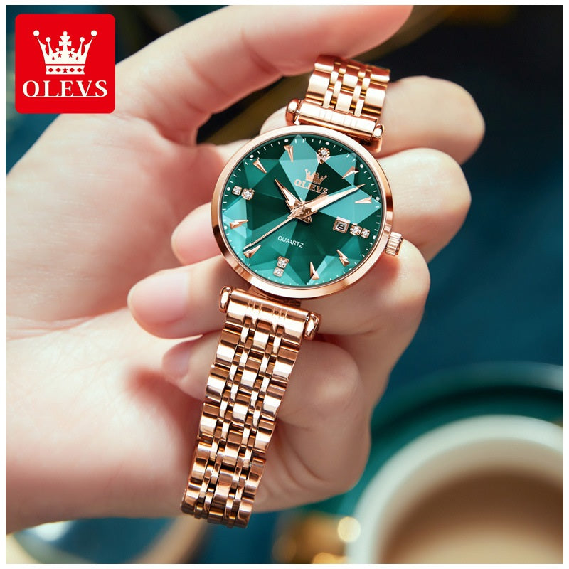 Reloj de Cuarzo para Mujer Esfera Esmeralda Detalles de Cristal Correa Acero Inoxidable