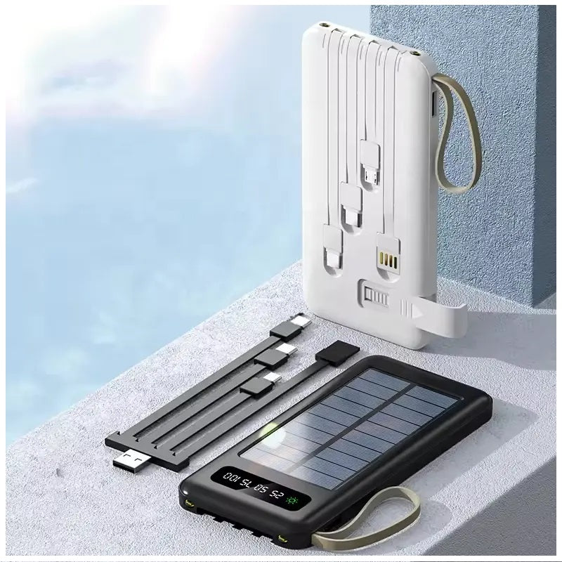 Batería Portátil Power Bank Solar 20000mAh Cables Integrados Luz LED