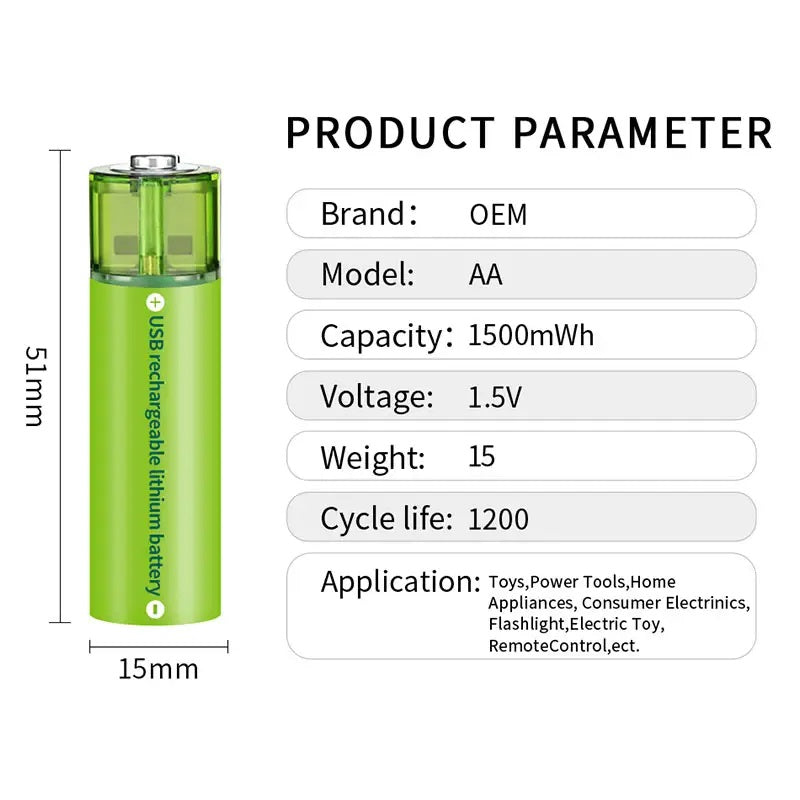 Pack de 4 Pilas AA USB Litio Recargables 1.5V 2200mAh 1200 Cargas