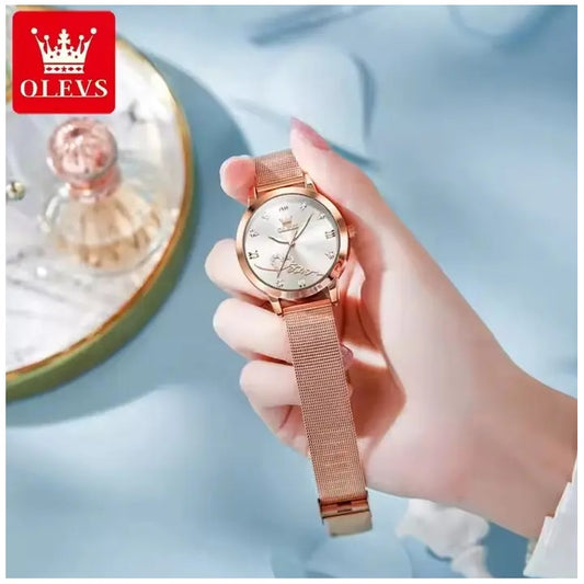 Reloj de Mujer Diseño Elegante Pulsera Metálica de Malla Rosa Dorado