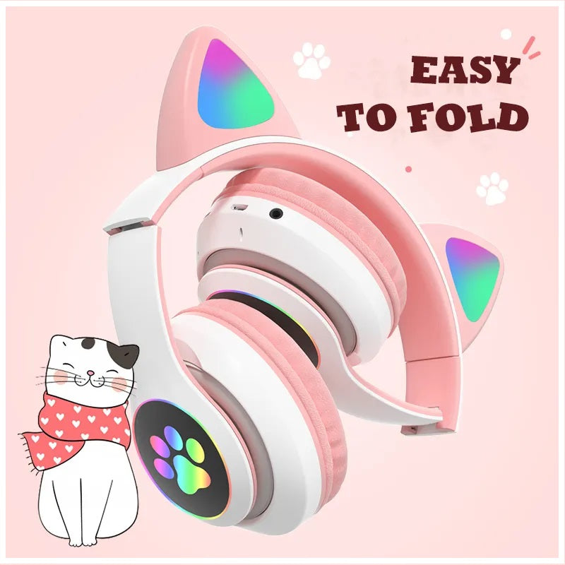 Audífonos inalámbricos Bluetooth RGB Orejas gato BT 5.0 Rosado