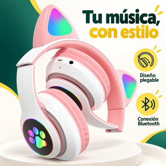 Audífonos Bluetooth RGB Orejas gato BT 5.0 Rosado · información en castellano