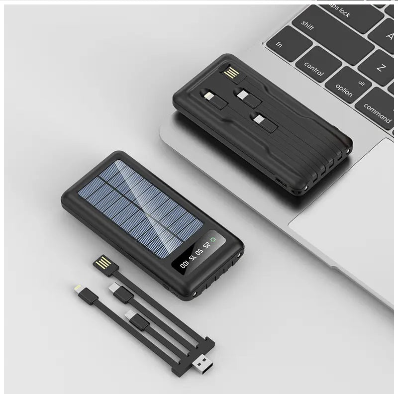 Batería Portátil Power Bank Solar 20000mAh Cables Integrados Luz LED