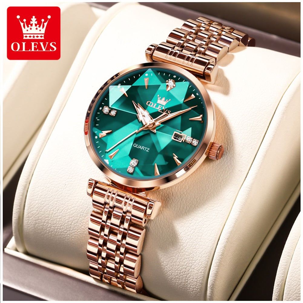 Reloj de Cuarzo para Mujer Esfera Esmeralda Detalles de Cristal Correa Acero Inoxidable