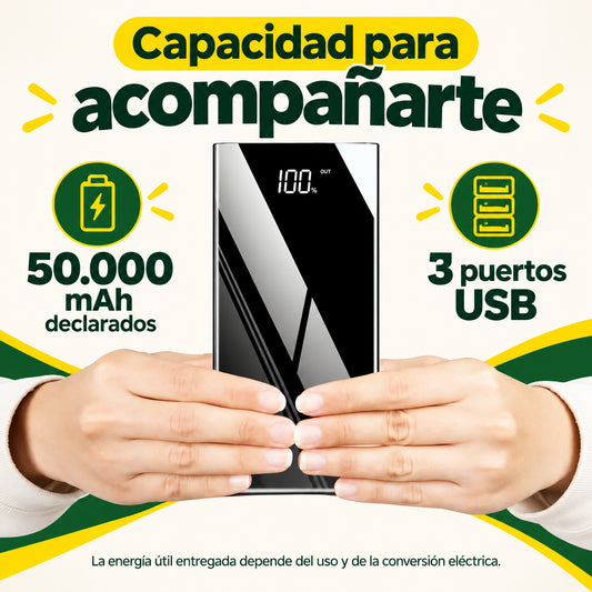 Power Bank 50000 mAh con 3 USB y Linterna – Negro · información en castellano