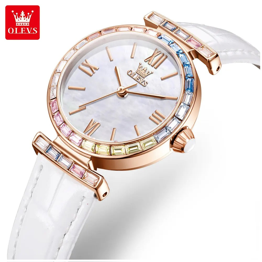 Reloj de Mujer Elegante con Correa de Cuero y Cristales Multicolor