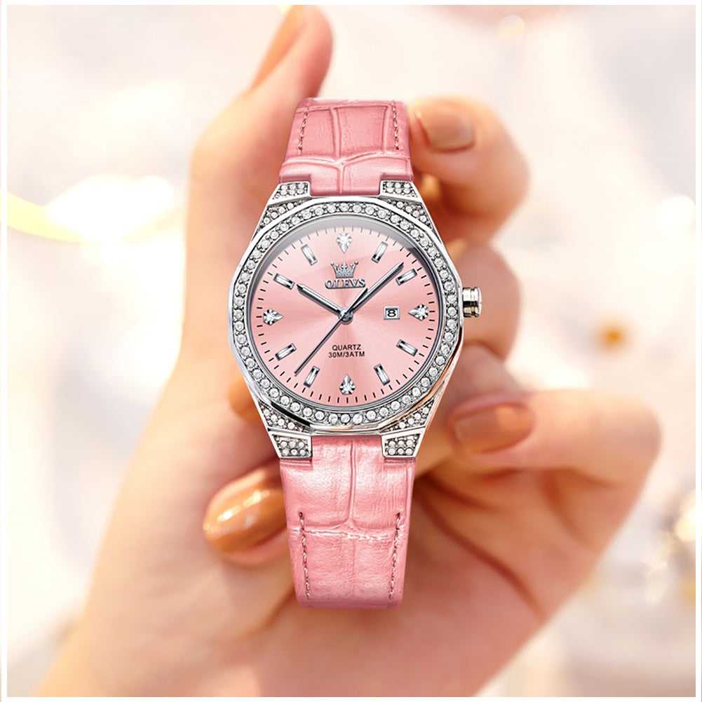 Reloj de Cuarzo para Mujer Correa de Cuero Rosa, Esfera de Cristales
