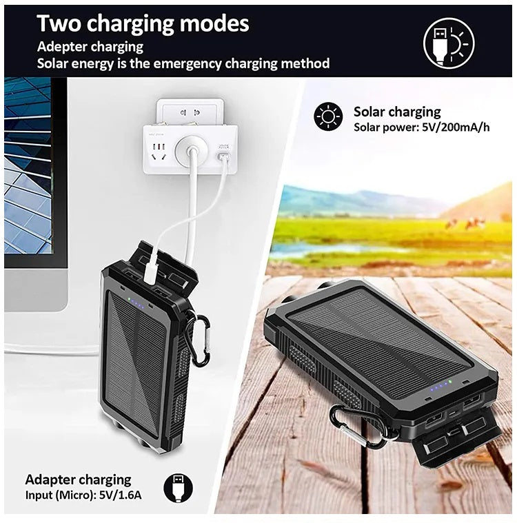 Cargador Solar Portátil 20000mAh Linterna a Prueba de Agua y polvo