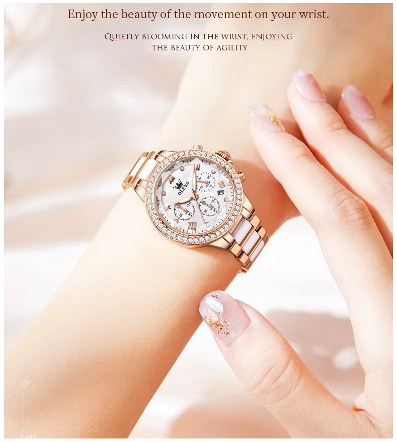 Reloj de Mujer Multifuncional Correa de Acero Inoxidable con Cerámica