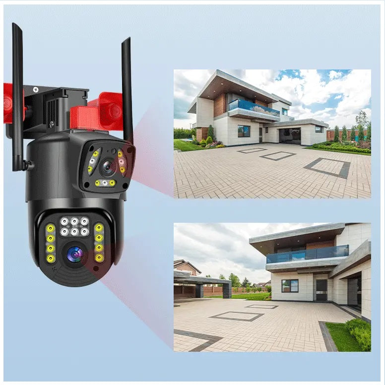 Cámara Seguridad WiFi Doble Lente Sirena Baliza IP23 LED HD Cobertura