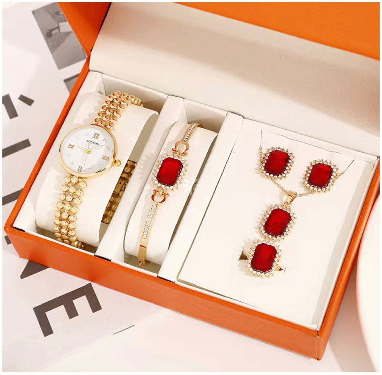 Set de lujo Exclusivo para Mujeres con Reloj Colgante Aros y Pulsera