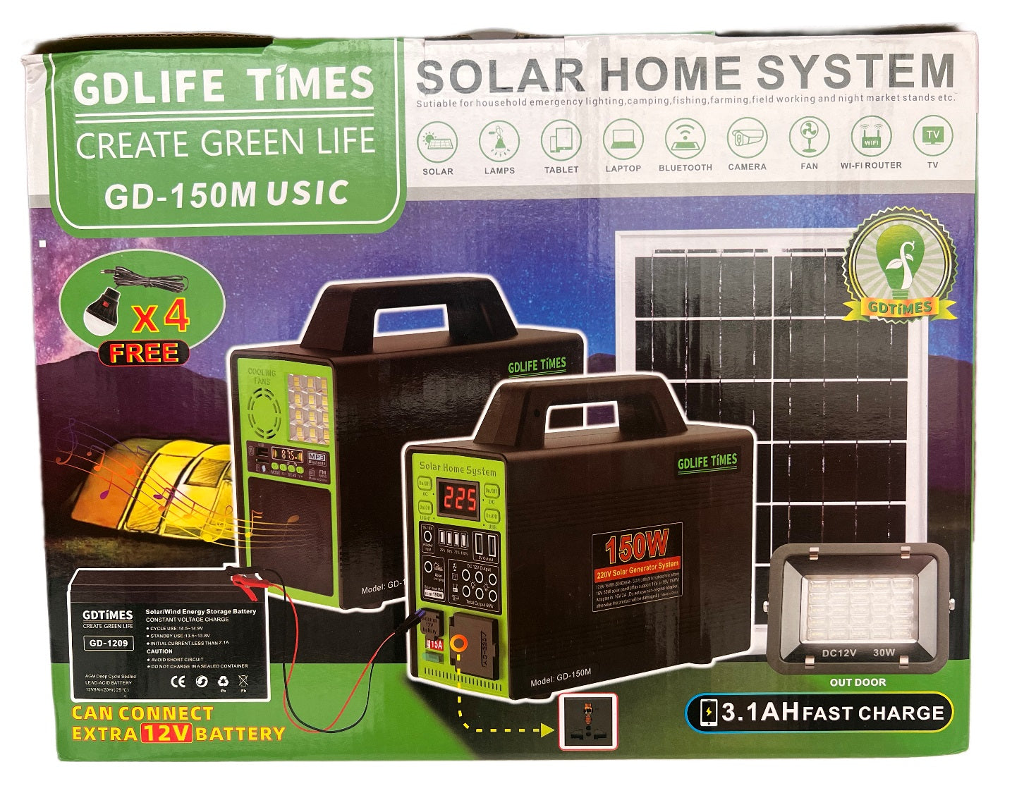 Generador Solar 150W 4 Ampolletas LED Reflector / Panel Solar 50400mAh