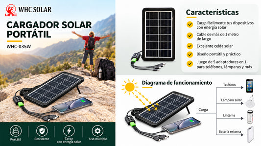 Panel Solar Portátil con Puerto USB y Adaptadores · información en castellano