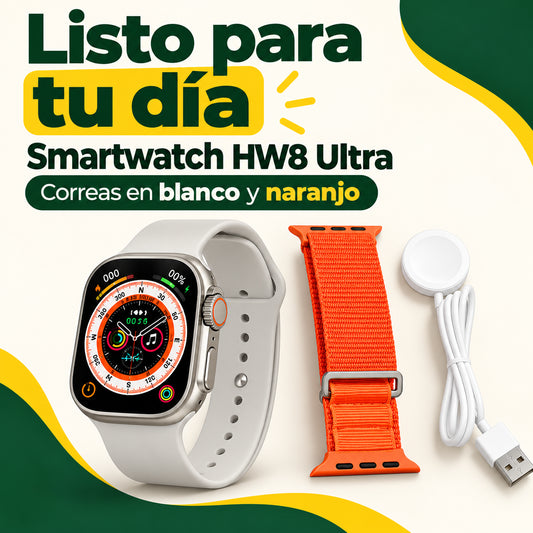 Smartwatch HW8 Ultra 2,02″ blanco y naranjo · información en castellano