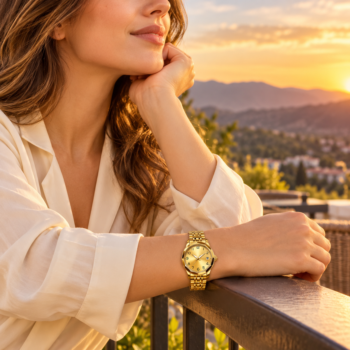 Mujer usando reloj dorado de cristal facetado al aire libre, sin precios
