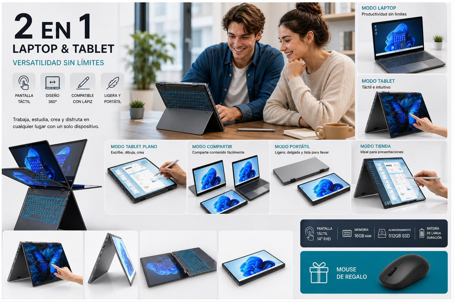 Notebook 2 en 1 Táctil 14.1” Full HD IPS, Intel N100, 16GB RAM, 512GB SSD, Convertible 360°, Ideal Oficina, Estudio y Productividad Avanzada
