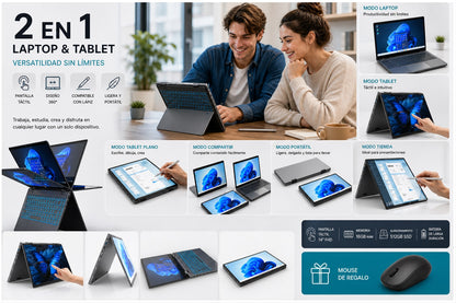 Notebook 2 en 1 Táctil 14.1” Full HD IPS, Intel N100, 16GB RAM, 512GB SSD, Convertible 360°, Ideal Oficina, Estudio y Productividad Avanzada