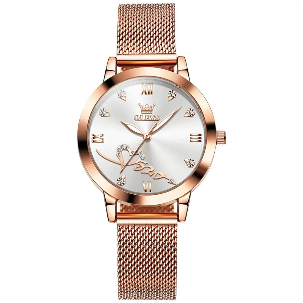 Reloj de Mujer Diseño Elegante Pulsera Metálica de Malla Rosa Dorado