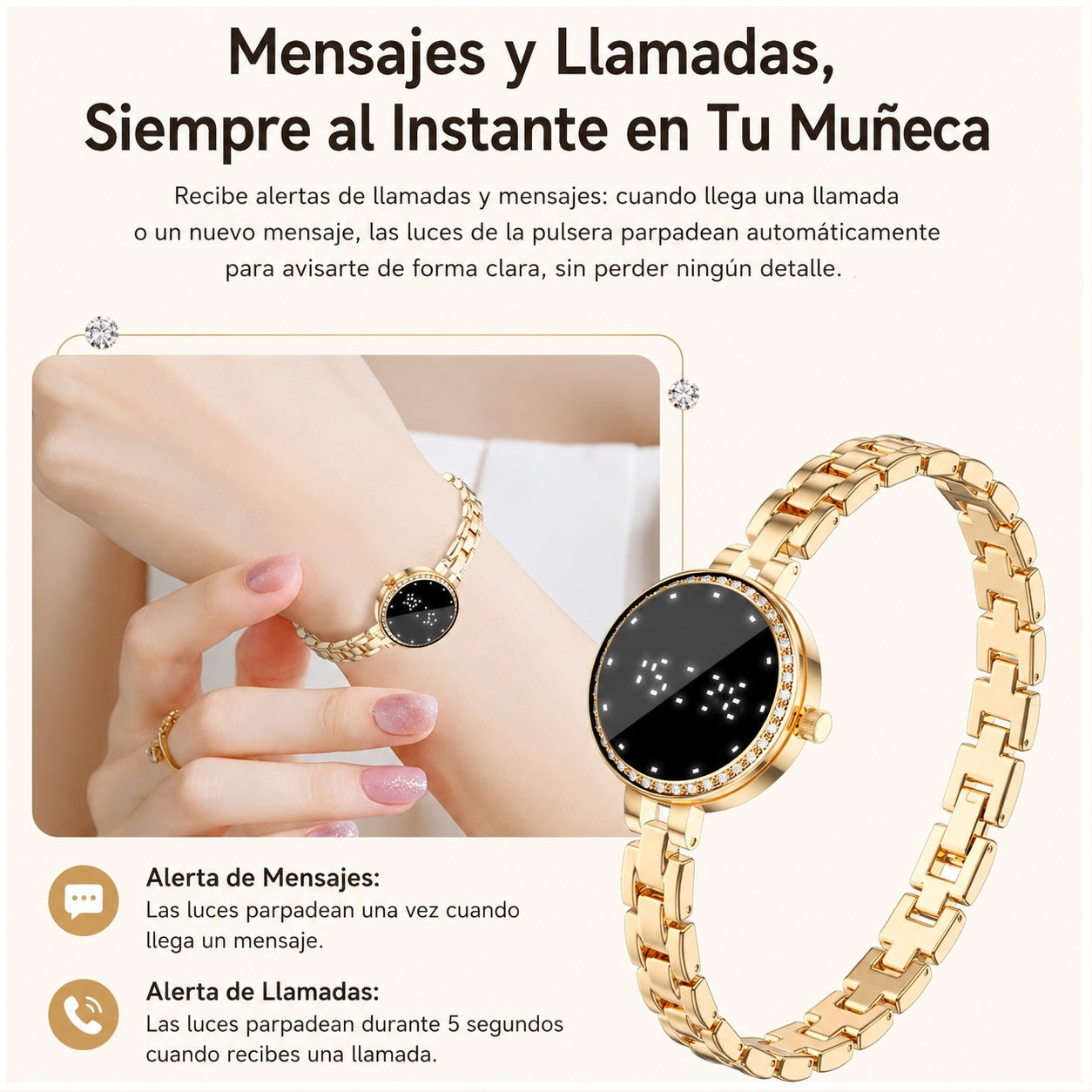 Pulsera Inteligente L6 Mujer IP67 Monitoreo de Salud, Cadena Metálica Elegante, Control por Gestos