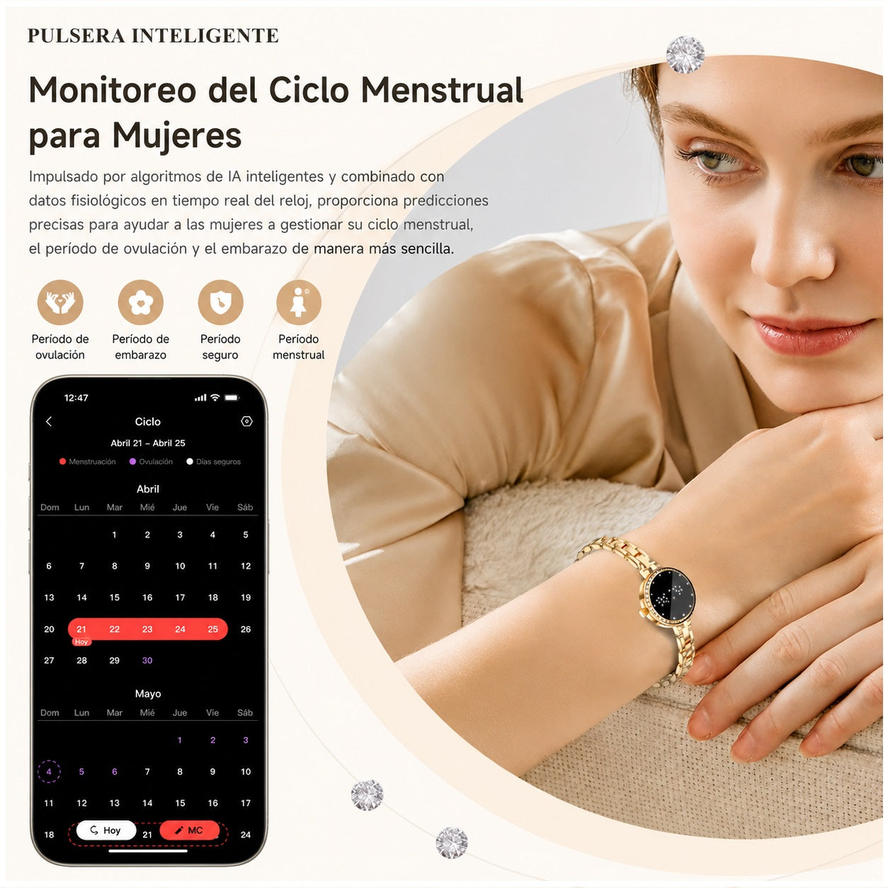 Pulsera Inteligente L6 Mujer IP67 Monitoreo de Salud, Cadena Metálica Elegante, Control por Gestos