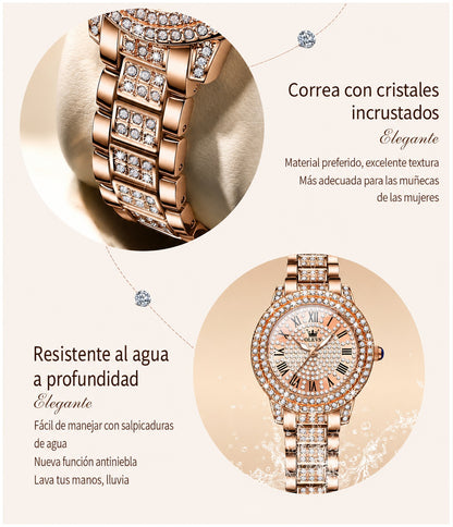 Reloj de Pulsera Elegante para Mujer con Cristales Incrustados, Acero Inoxidable, Movimiento Cuarzo y Resistencia al Agua 3ATM – Ideal para Uso Diario, Oficina y Eventos