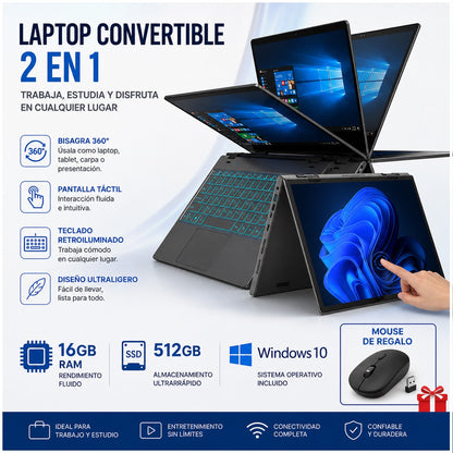 Notebook 2 en 1 Táctil 14.1” Full HD IPS, Intel N100, 16GB RAM, 512GB SSD, Convertible 360°, Ideal Oficina, Estudio y Productividad Avanzada