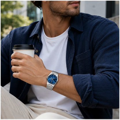 Reloj Analógico de Cuarzo para Hombre 40 mm con Calendario, Cristal Hardlex, Acero Inoxidable, 3 ATM Resistente al Agua, Diseño Elegante para Negocios y Uso Diario