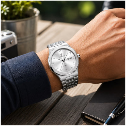 Reloj Analógico de Cuarzo para Hombre con Calendario Día y Fecha, Acero Inoxidable, Cristal Hardlex, Resistente al Agua 3 Bar, Estilo Clásico Ejecutivo y Casual