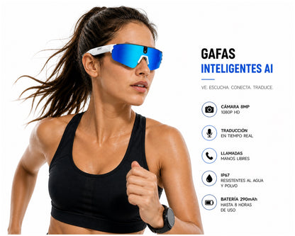 Gafas Inteligentes con IA 1080P Cámara 8MP, Traducción en Tiempo Real, Bluetooth 5.4, Uso Deportivo y Profesional