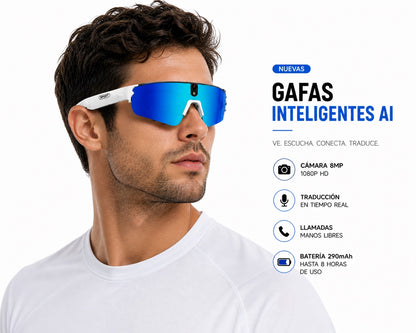 Gafas Inteligentes con IA 1080P Cámara 8MP, Traducción en Tiempo Real, Bluetooth 5.4, Uso Deportivo y Profesional