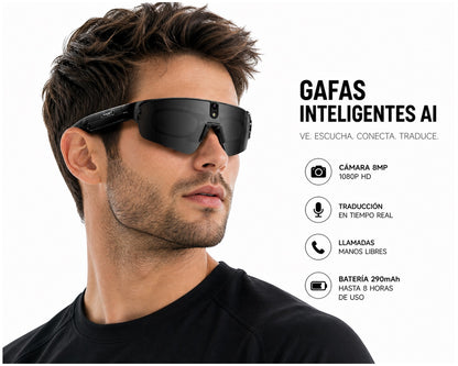 Gafas Inteligentes con IA 1080P Cámara 8MP, Traducción en Tiempo Real, Bluetooth 5.4, Uso Deportivo y Profesional