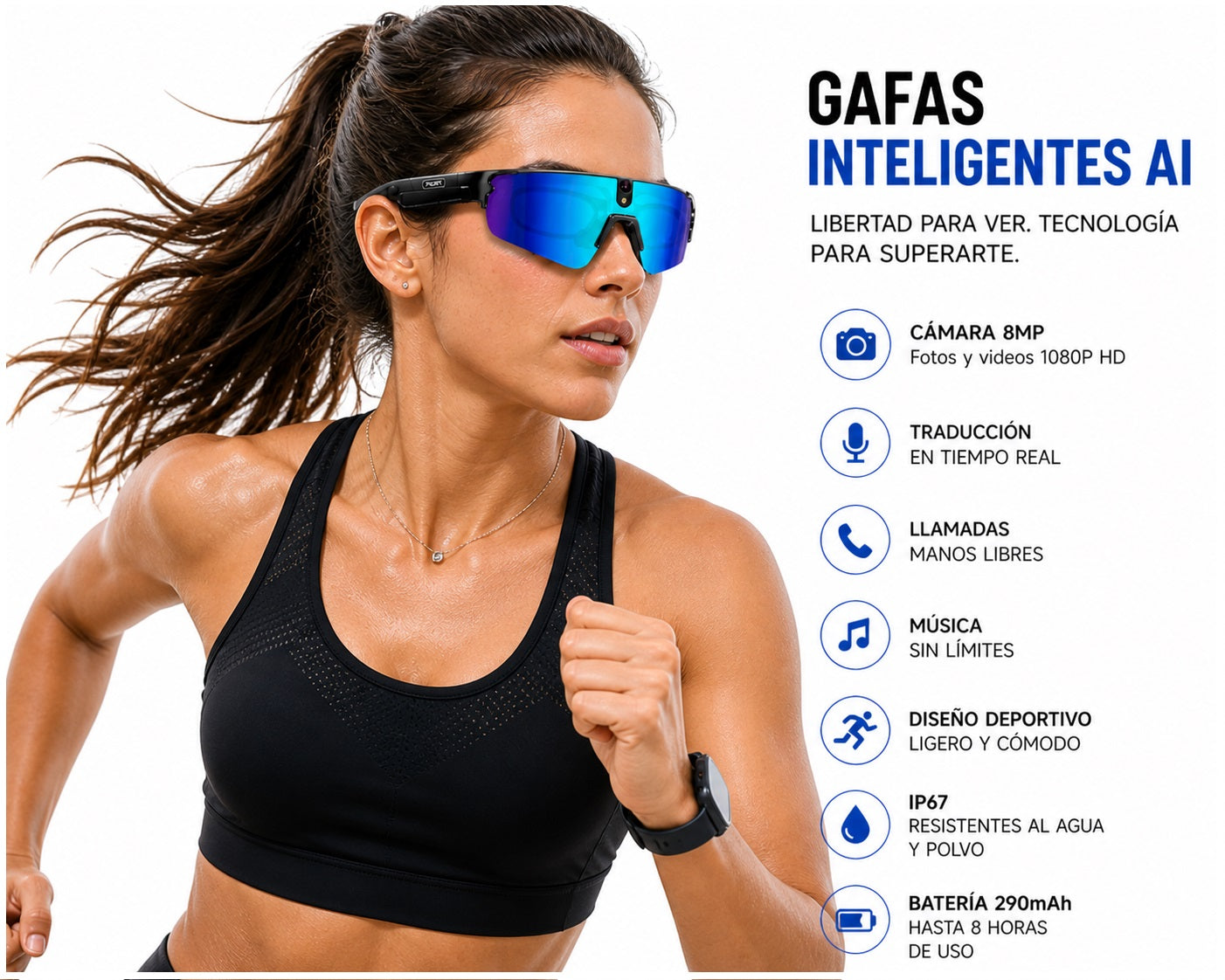 Gafas Inteligentes con IA 1080P Cámara 8MP, Traducción en Tiempo Real, Bluetooth 5.4, Uso Deportivo y Profesional