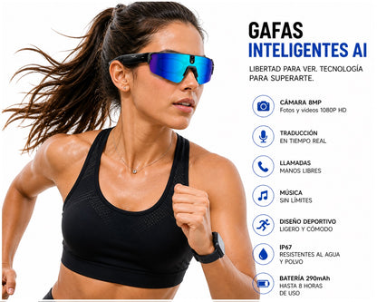 Gafas Inteligentes con IA 1080P Cámara 8MP, Traducción en Tiempo Real, Bluetooth 5.4, Uso Deportivo y Profesional