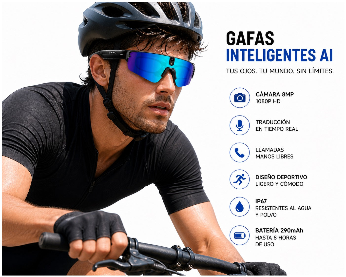 Gafas Inteligentes con IA 1080P Cámara 8MP, Traducción en Tiempo Real, Bluetooth 5.4, Uso Deportivo y Profesional