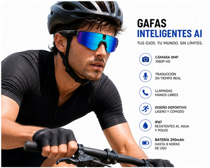 Gafas Inteligentes con IA 1080P Cámara 8MP, Traducción en Tiempo Real, Bluetooth 5.4, Uso Deportivo y Profesional