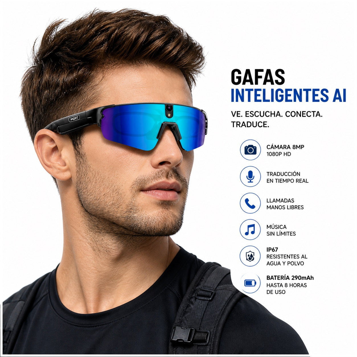 Gafas Inteligentes con IA 1080P Cámara 8MP, Traducción en Tiempo Real, Bluetooth 5.4, Uso Deportivo y Profesional