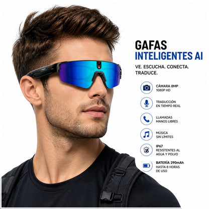 Gafas Inteligentes con IA 1080P Cámara 8MP, Traducción en Tiempo Real, Bluetooth 5.4, Uso Deportivo y Profesional