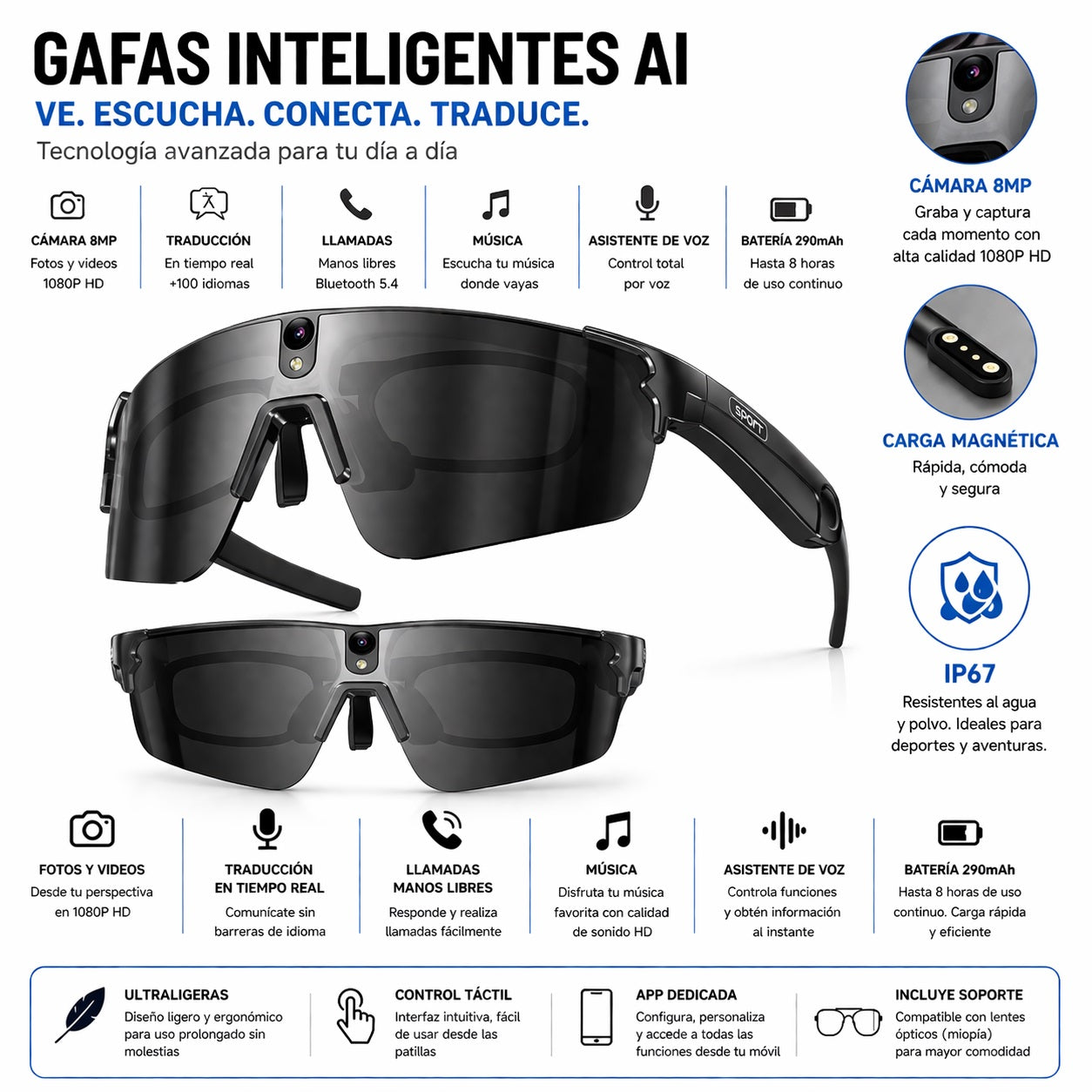Gafas Inteligentes con IA 1080P Cámara 8MP, Traducción en Tiempo Real, Bluetooth 5.4, Uso Deportivo y Profesional