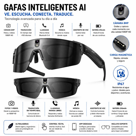 Gafas Inteligentes con IA 1080P Cámara 8MP, Traducción en Tiempo Real, Bluetooth 5.4, Uso Deportivo y Profesional