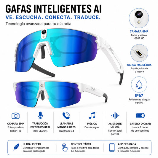 Gafas Inteligentes con IA 1080P Cámara 8MP, Traducción en Tiempo Real, Bluetooth 5.4, Uso Deportivo y Profesional