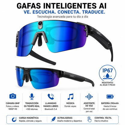 Gafas Inteligentes con IA 1080P Cámara 8MP, Traducción en Tiempo Real, Bluetooth 5.4, Uso Deportivo y Profesional
